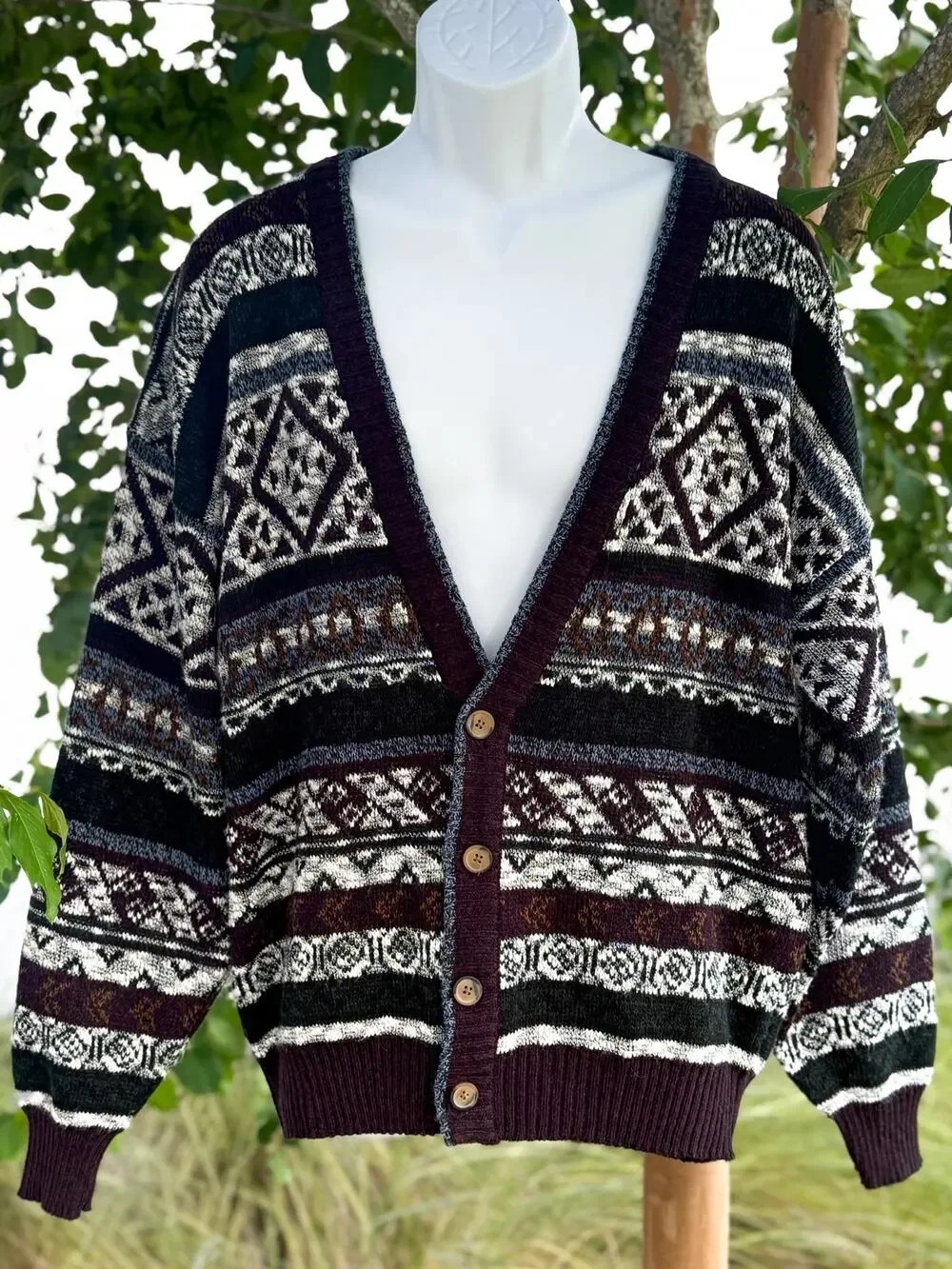 Vintage Michael Gerald Cardigan Sweater L Geometric Fair Isle Grandpa Knit 90s